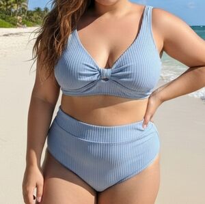 [[Cupshe]] Light Blue Ribbed Plus Size Bikini Set